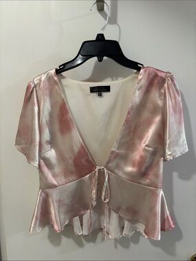 Blush Satin Tie-Front Peplum Blouse